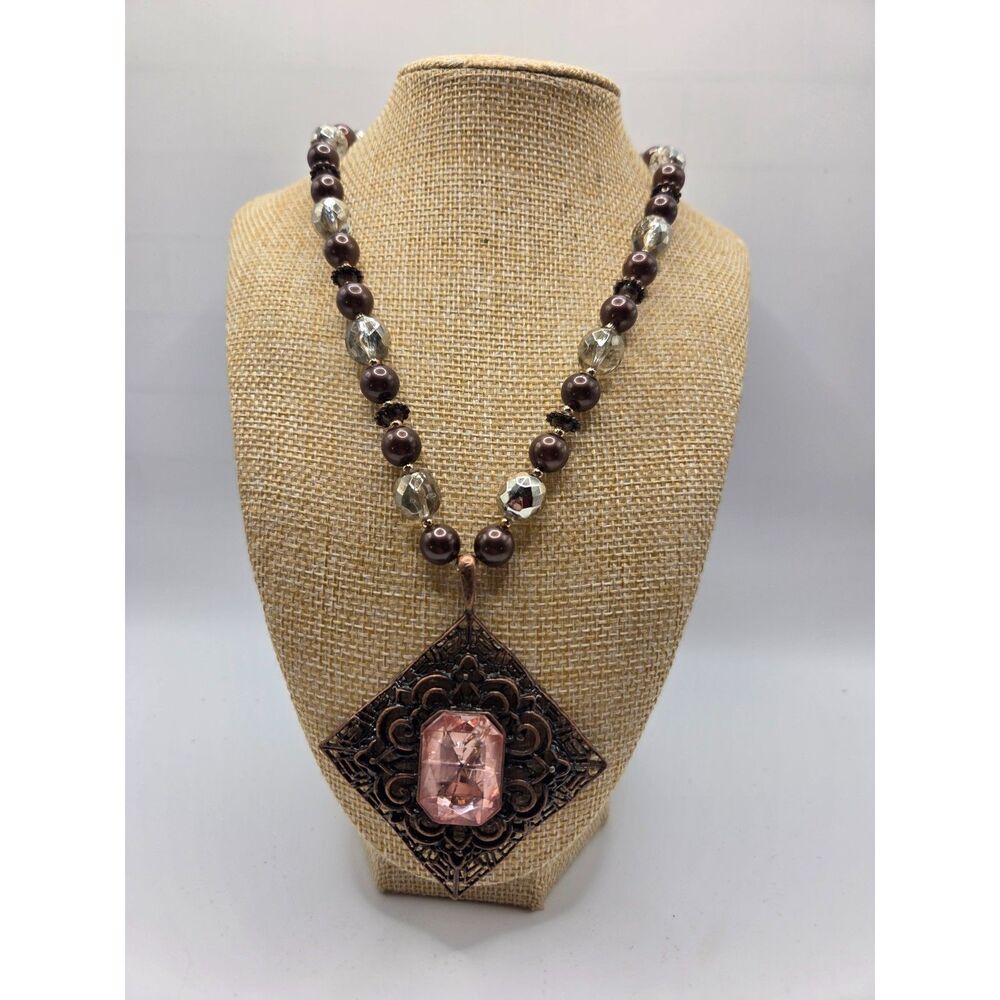 1798. Bronze Tone Beaded Statement Necklace with Square Pendant